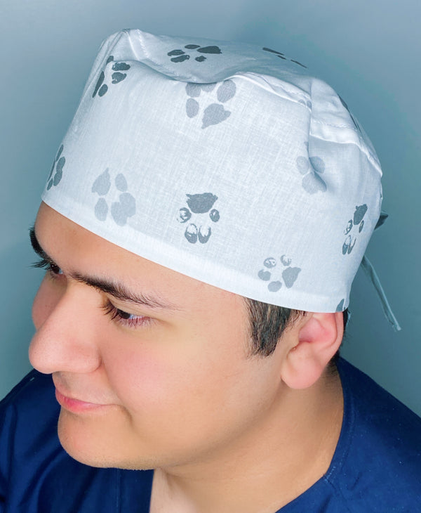 Watercolor Grey Paws on White Unisex Animal Scrub Cap