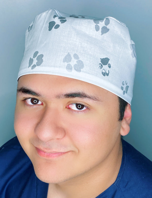 Watercolor Grey Paws on White Unisex Animal Scrub Cap