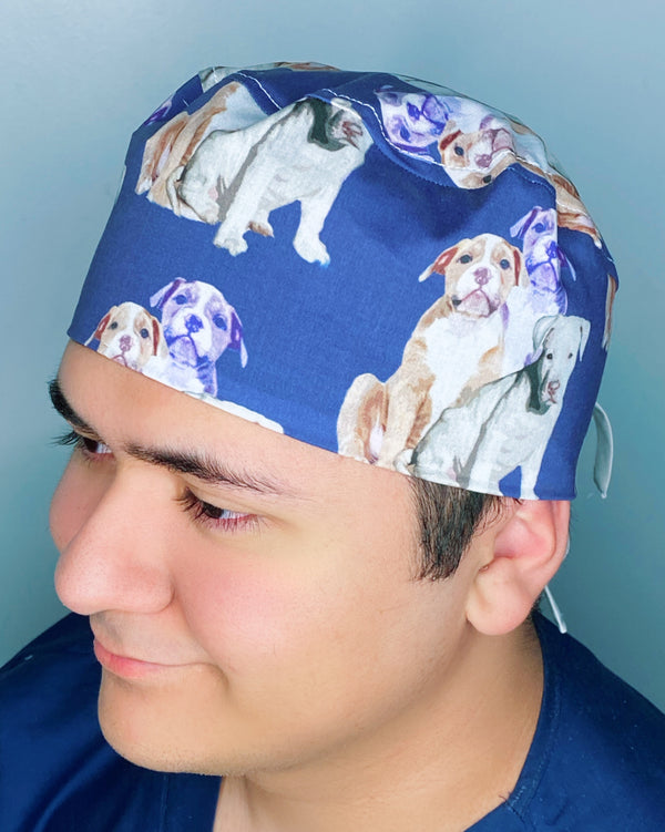 Puppy Pitbulls on Navy Blue Unisex Animal Scrub Cap