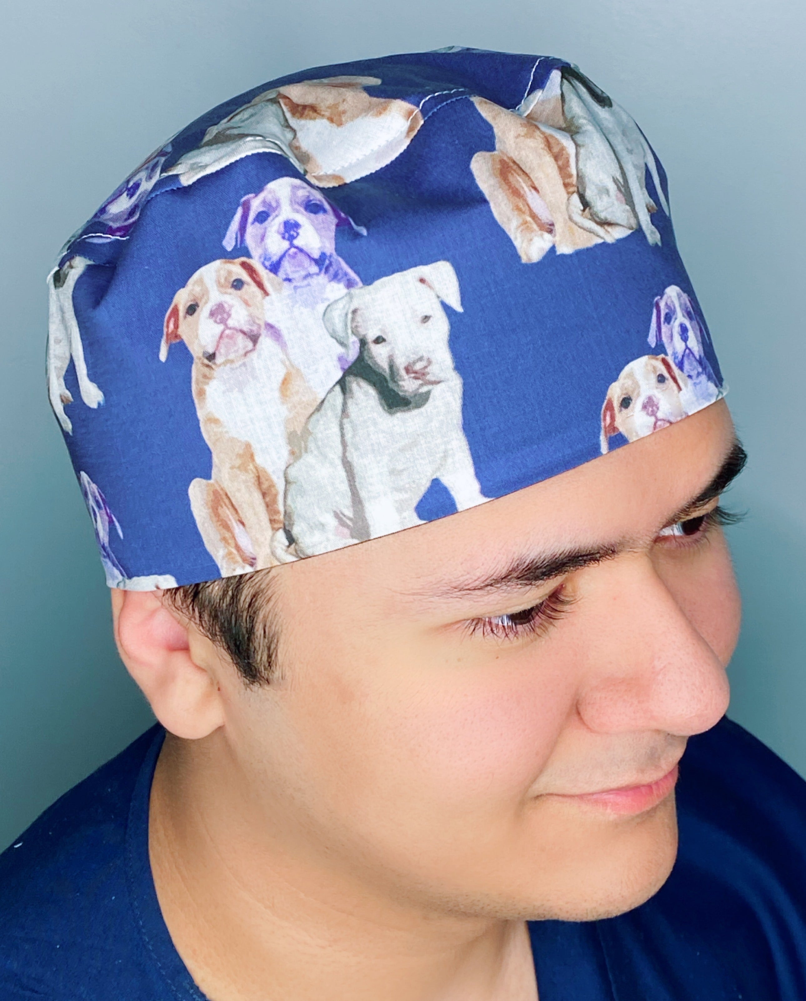 Puppy Pitbulls on Navy Blue Unisex Animal Scrub Cap