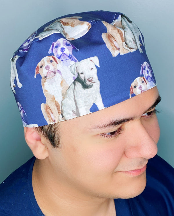 Puppy Pitbulls on Navy Blue Unisex Animal Scrub Cap