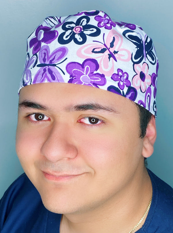 Purple Watercolor Flowers & Butterflies Unisex Animal Scrub Cap