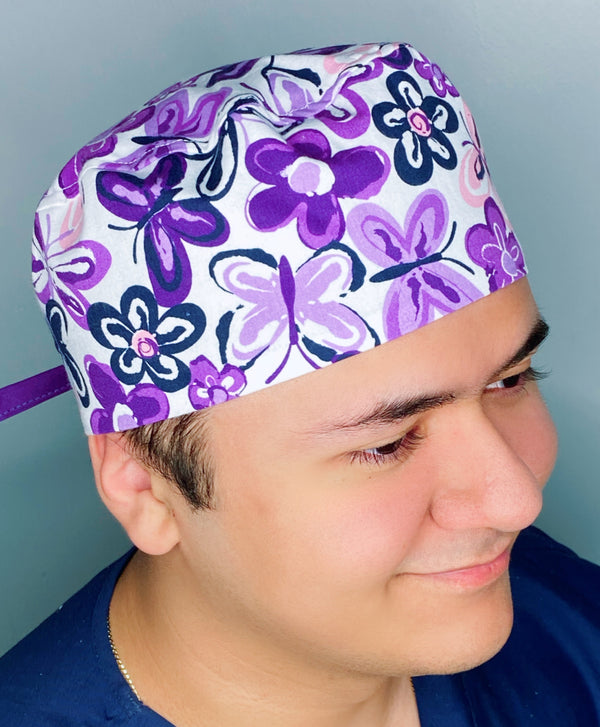 Purple Watercolor Flowers & Butterflies Unisex Animal Scrub Cap