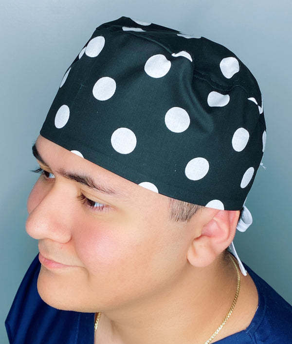 White Polka Dots on Black Unisex Cute Scrub Cap