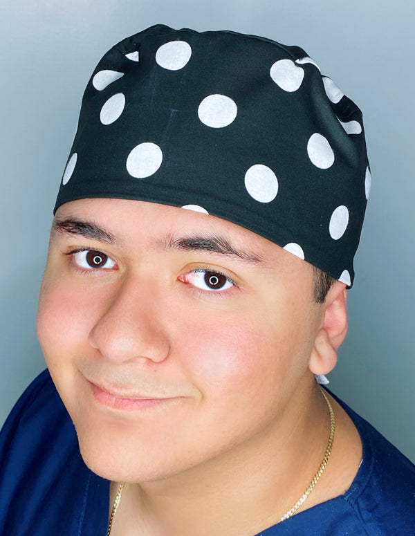 White Polka Dots on Black Unisex Cute Scrub Cap
