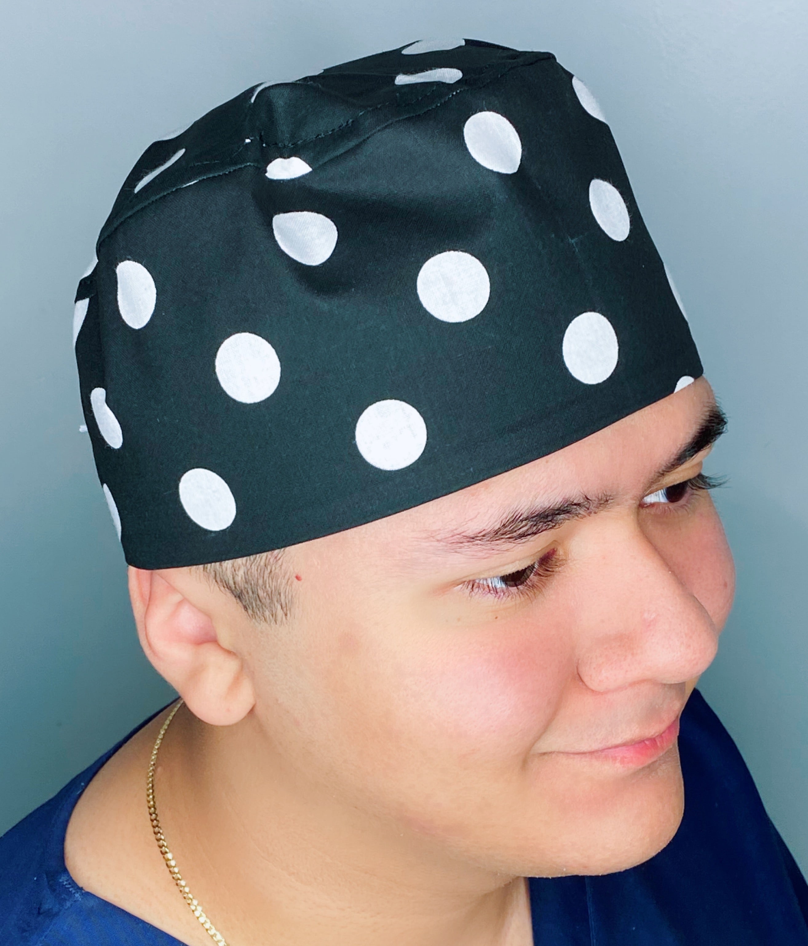 White Polka Dots on Black Unisex Cute Scrub Cap