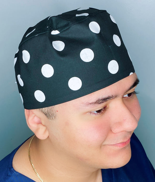 White Polka Dots on Black Unisex Cute Scrub Cap