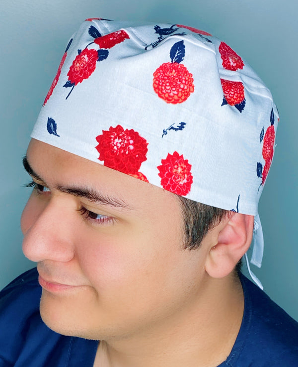 Bright Red Flowers on White Floral Design Unisex Cute Scrub Cap