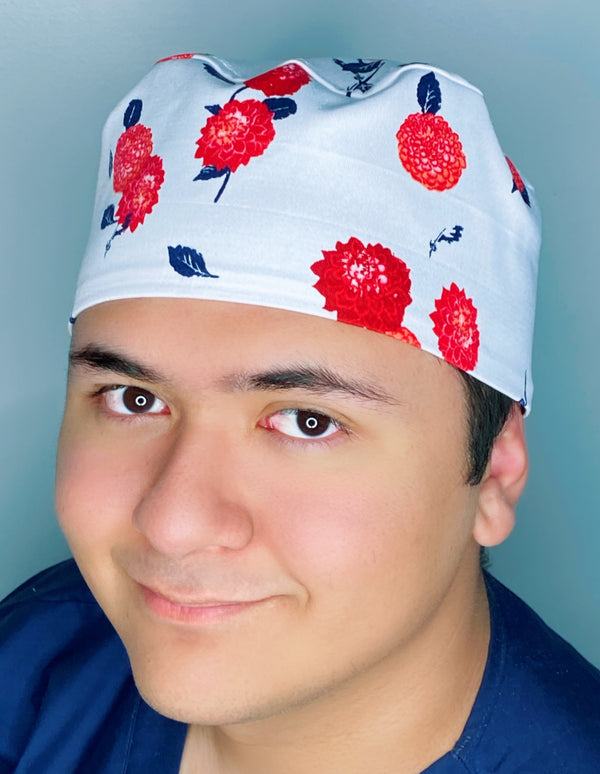 Bright Red Flowers on White Floral Design Unisex Cute Scrub Cap