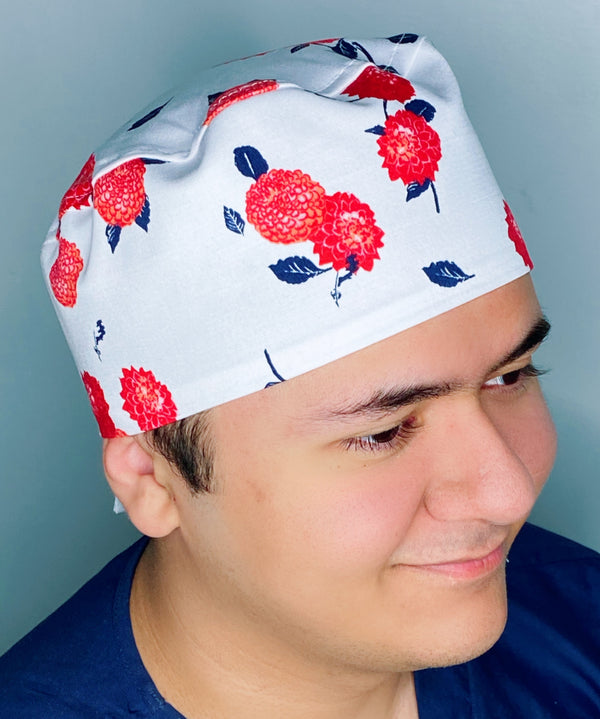 Bright Red Flowers on White Floral Design Unisex Cute Scrub Cap