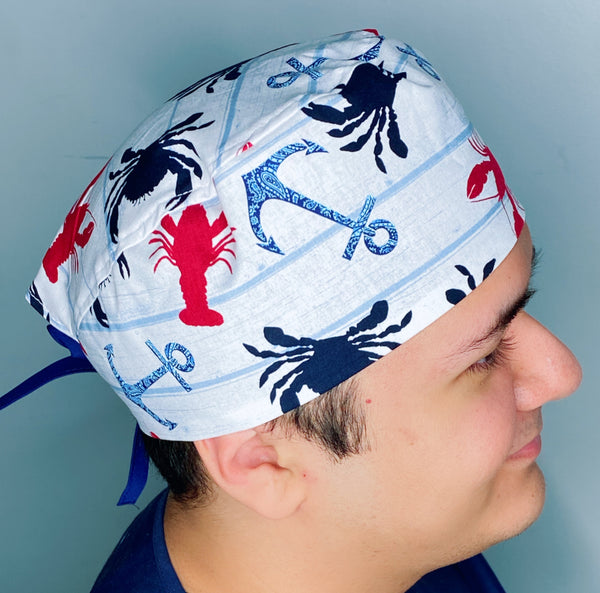 Nautical Beach Theme Crabs, Lobsters & Anchors Design Unisex Cute Scrub Cap