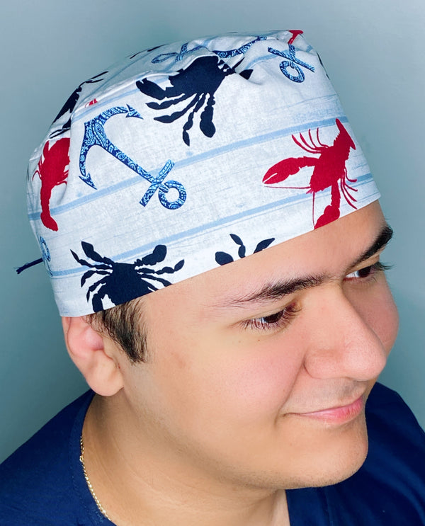 Nautical Beach Theme Crabs, Lobsters & Anchors Design Unisex Cute Scrub Cap
