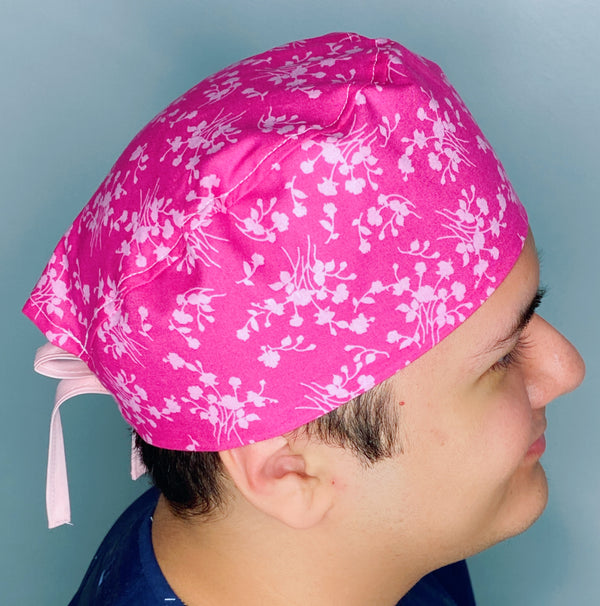 Small Delicate Flower Silhouettes on Pink Floral Design Unisex Cute Scrub Cap
