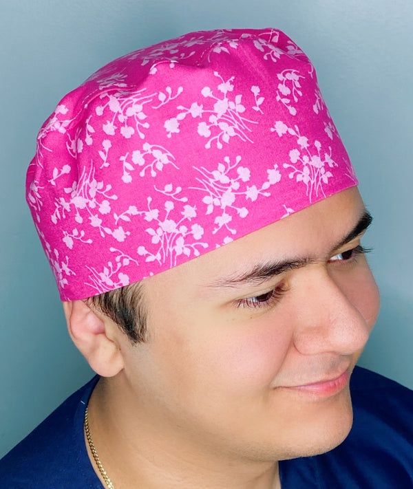 Small Delicate Flower Silhouettes on Pink Floral Design Unisex Cute Scrub Cap