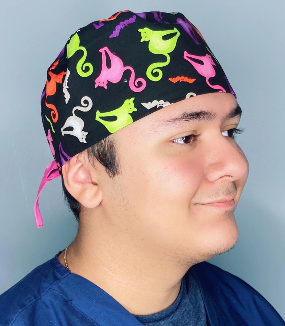 Colorful Cats on Black Halloween Unisex Holiday Scrub Cap