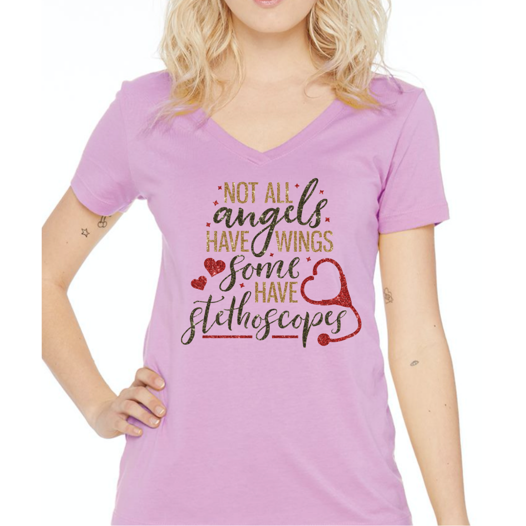 Not All Angels Have Wings Some Have Stethoscopes Women's Ideal V-Neck Tee