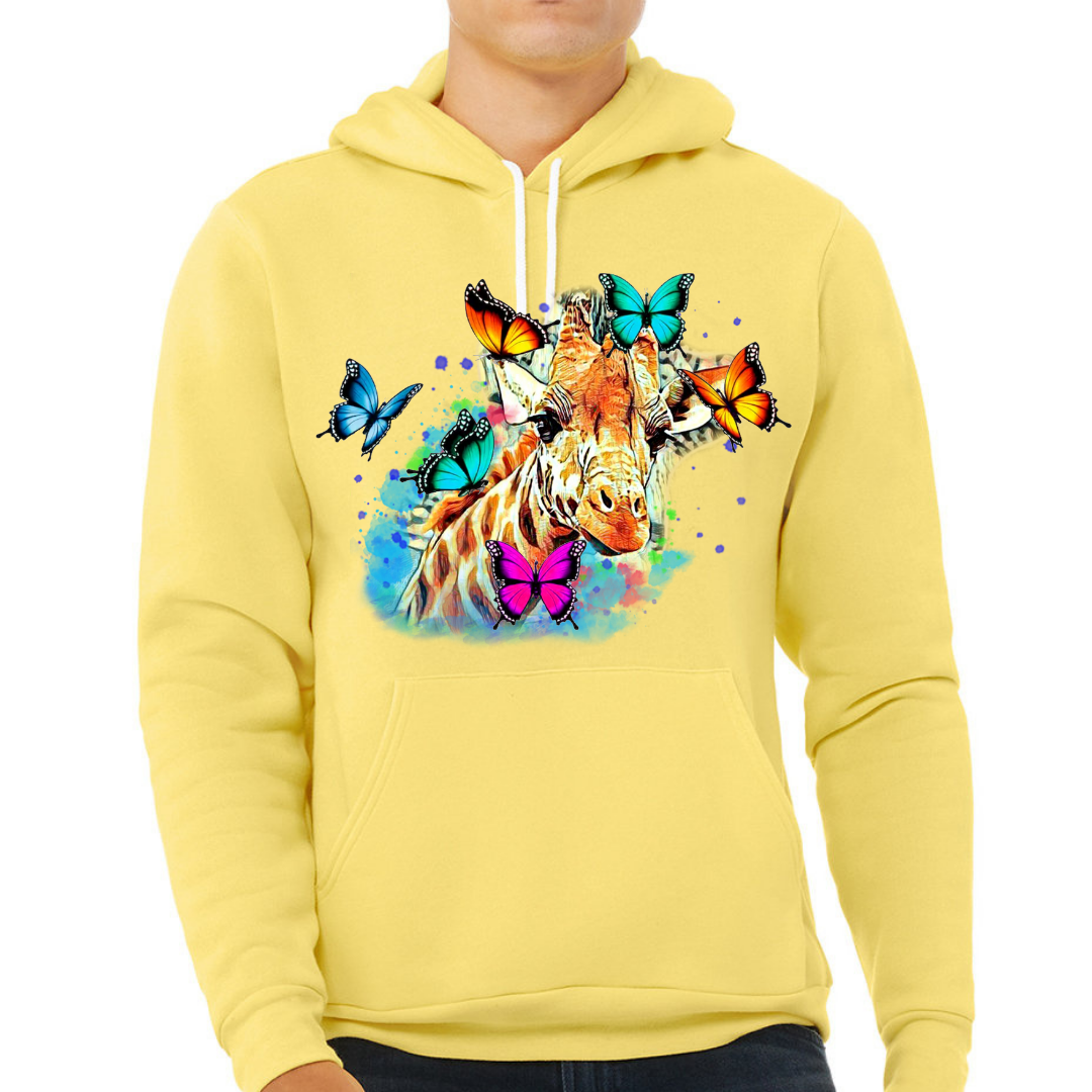 Giraffe & Butterflies Colorful Watercolor Design Unisex Fleece Pullover Hoodie