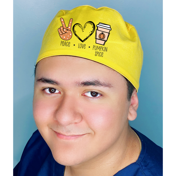 Peace, Love, Pumpkin Spice Themed Custom Solid Color Unisex Scrub Cap