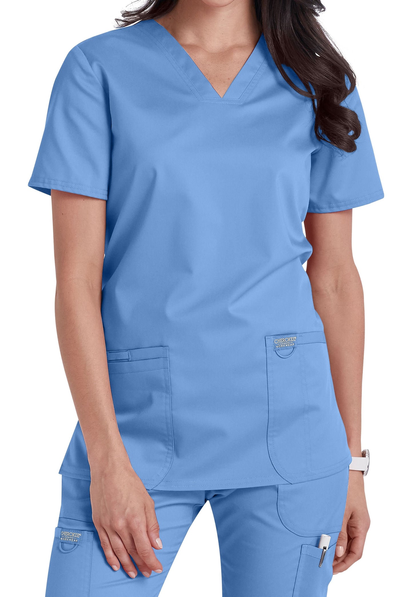 Cherokee Women's Workwear Revolution V-Neck Top with Badge Loop Scrub Top - "Ciel Blue"
