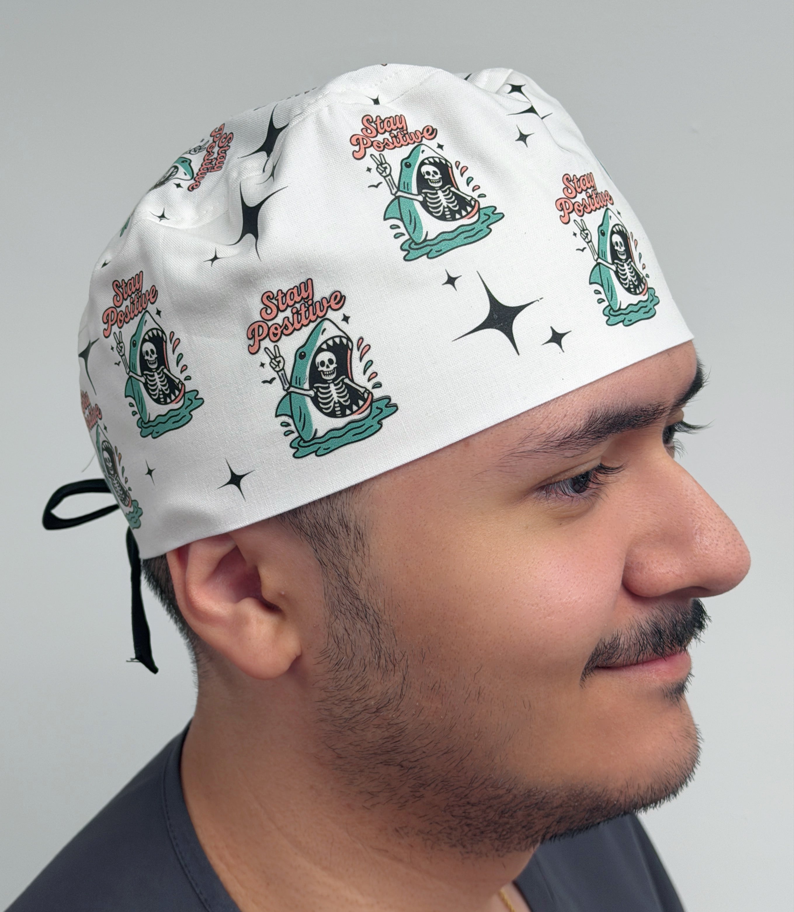 Sarcastic Stay Positive Skeleton Shark Printed Customized Custom Solid Color Unisex Scrub Cap