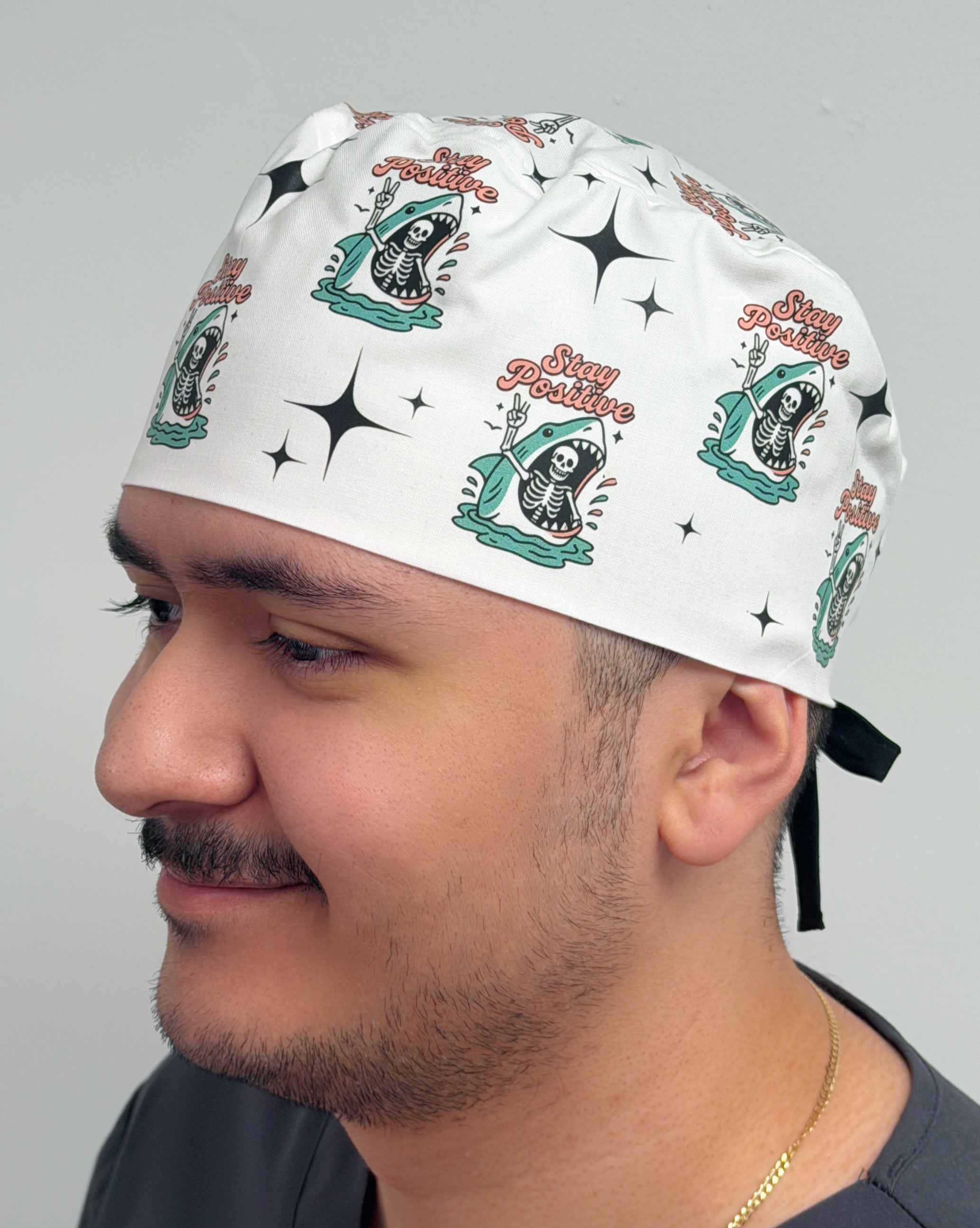 Sarcastic Stay Positive Skeleton Shark Printed Customized Custom Solid Color Unisex Scrub Cap