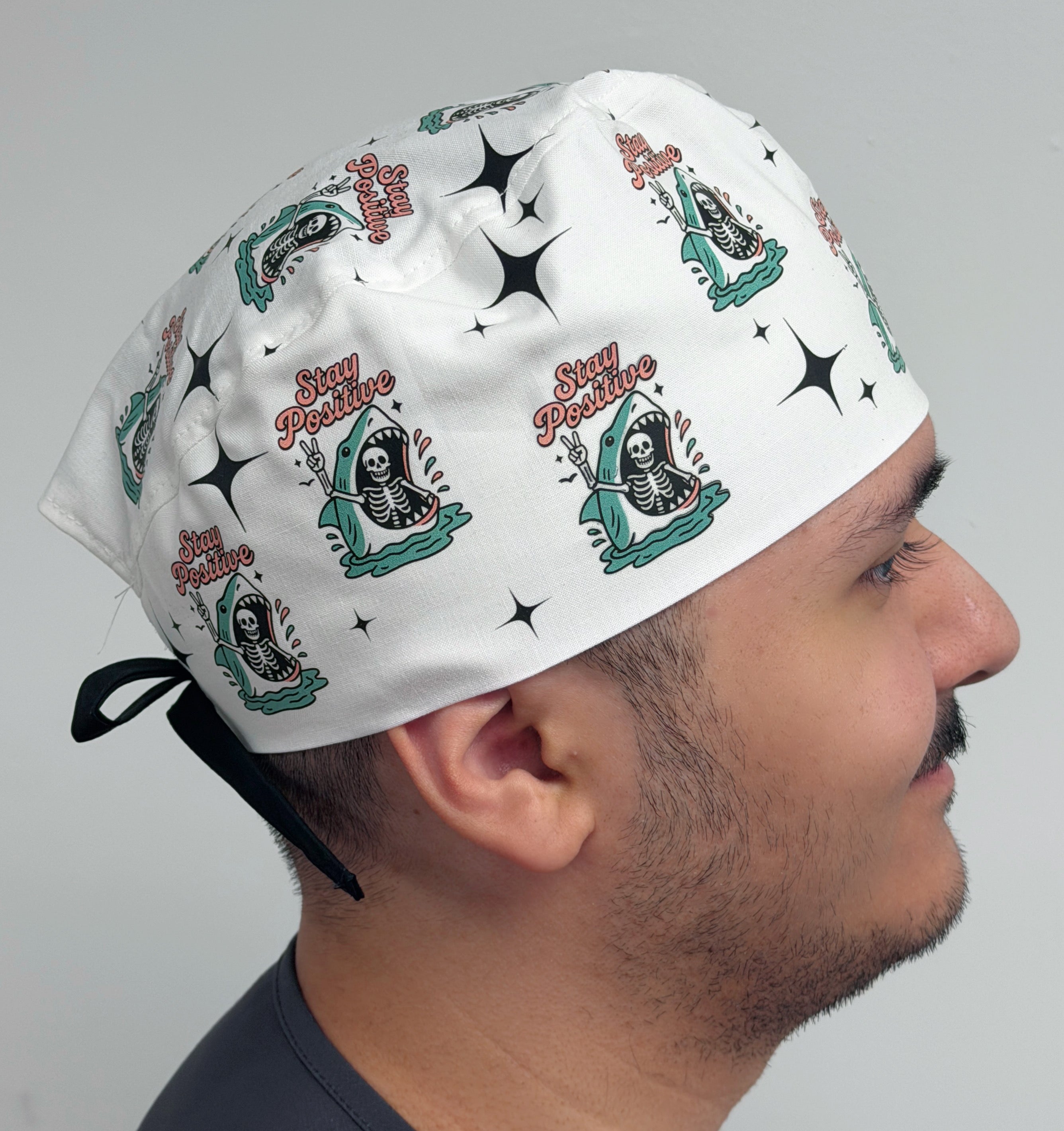 Sarcastic Stay Positive Skeleton Shark Printed Customized Custom Solid Color Unisex Scrub Cap