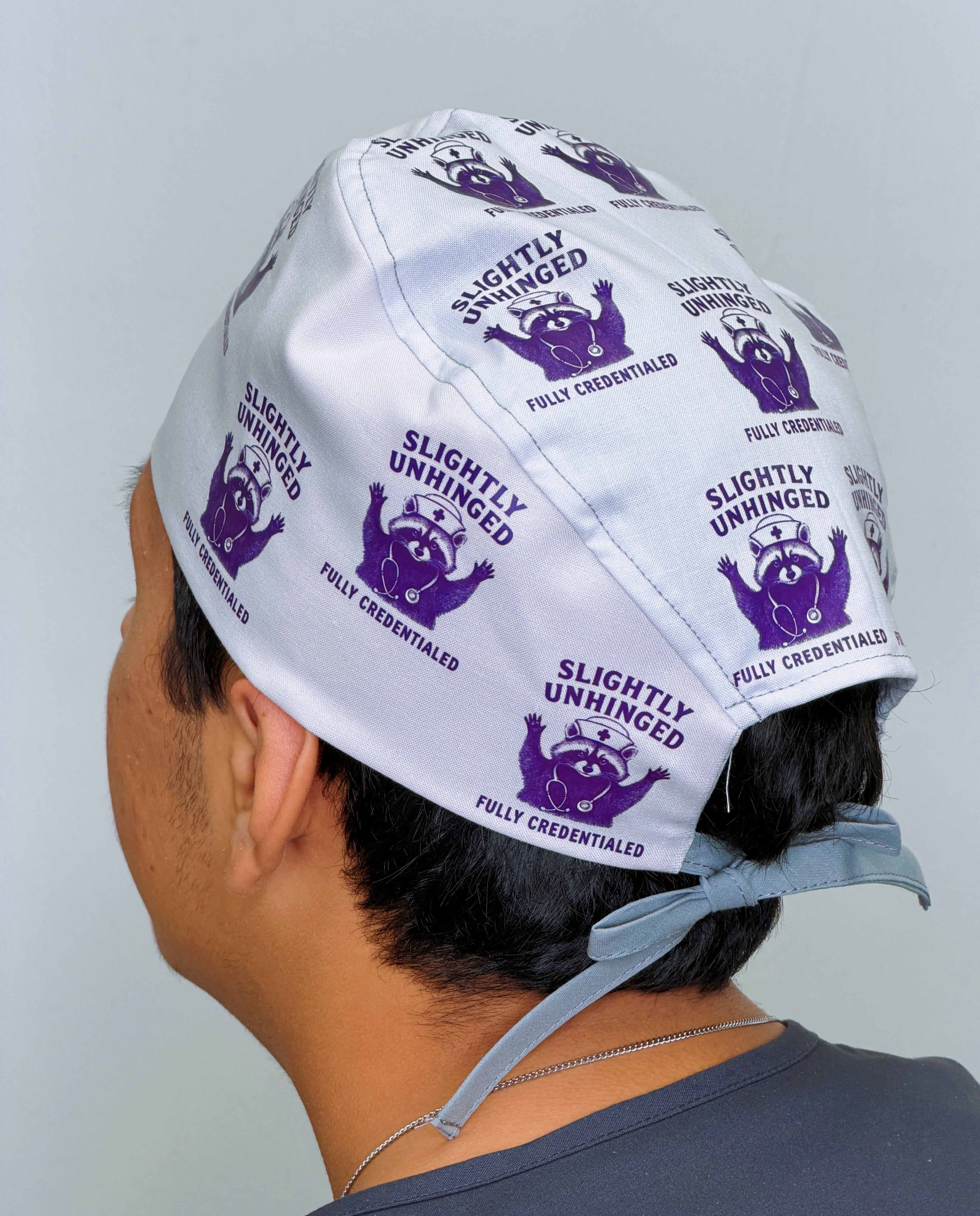 Funny Raccoon Fully Credited Slightly Unhinged Custom Solid Color Unisex Scrub Cap