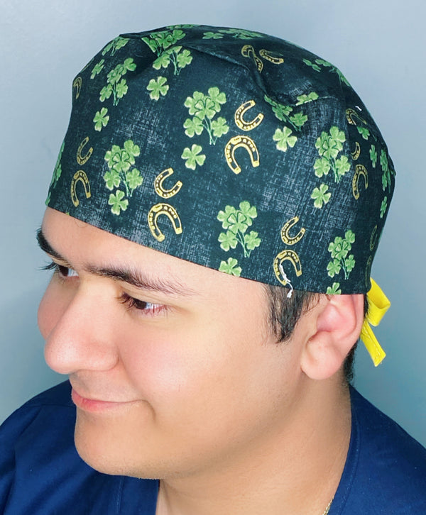 Lucky Horse Shoes & Clover Leaves Design St. Patrick's Day Unisex Holiday Scrub Cap