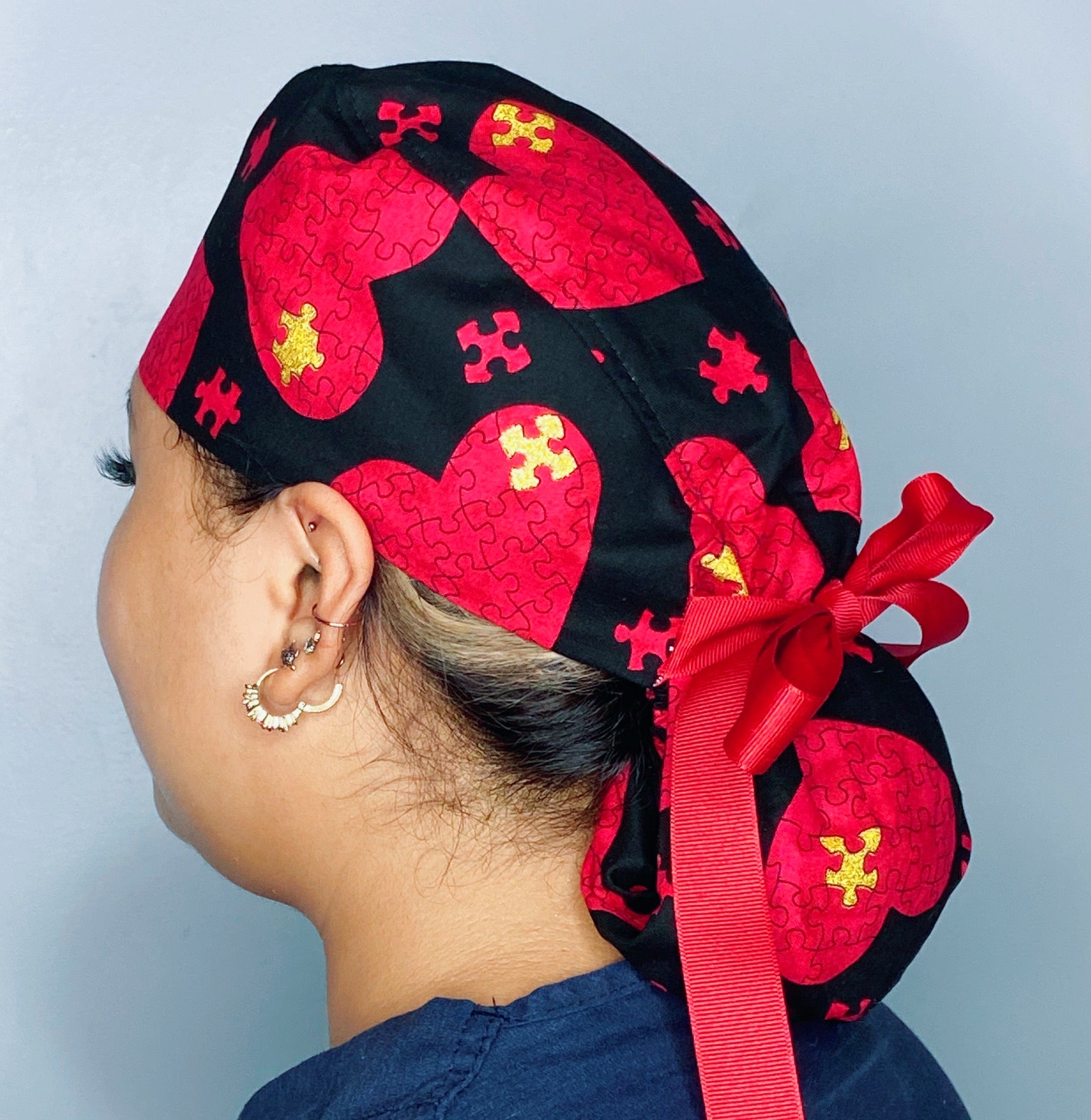Autism Awareness Puzzle Pieces Red & Glitter Ponytail