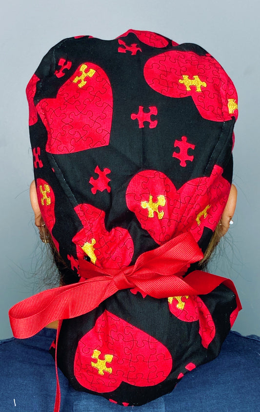 Autism Awareness Puzzle Pieces Red & Glitter Ponytail