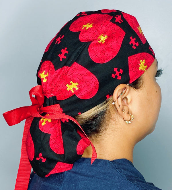Autism Awareness Puzzle Pieces Red & Glitter Ponytail