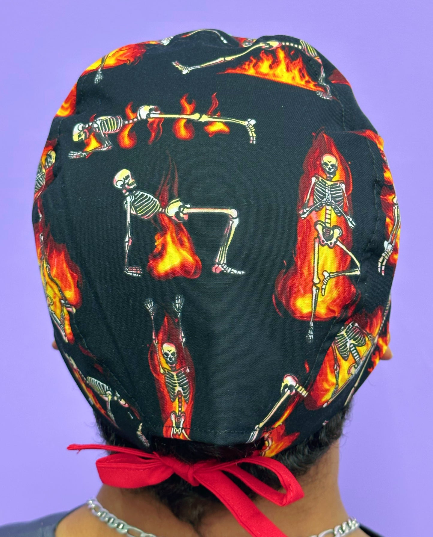 Funny Skeletons on Fire Doing Yoga Halloween Unisex Holiday Scrub Cap