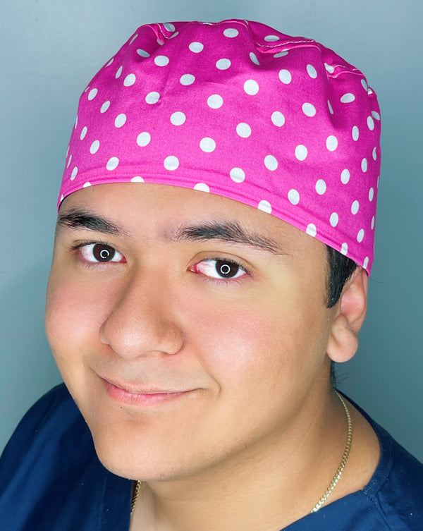 White Polka Dots on Hot Pink Unisex Cute Scrub Cap