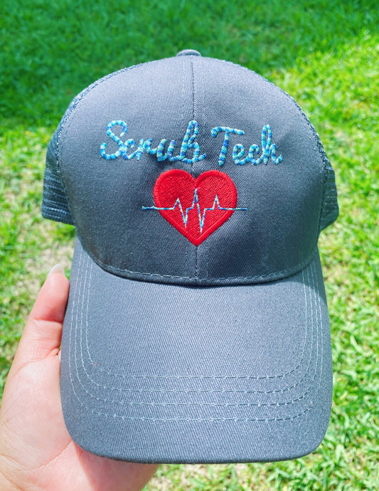 Scrub Tech EKG Heart EMBROIDERED Ponytail Baseball Cap