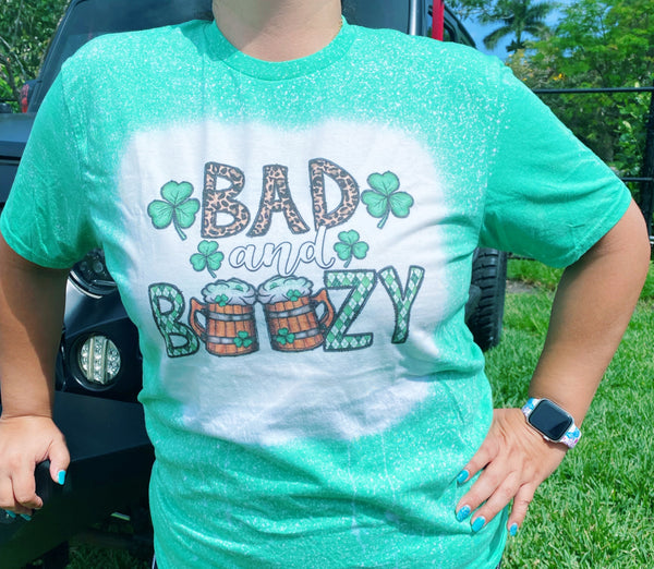 Bad & Boozy Funny St. Patrick's Day Holiday Themed Bleached Unisex Soft Style T-Shirt