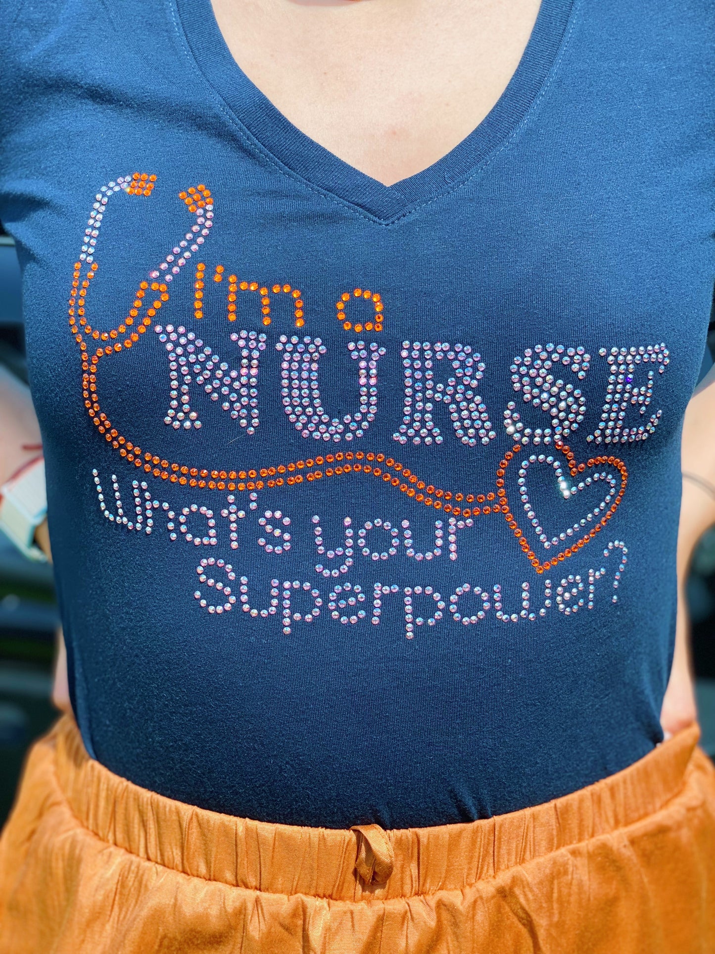 I'm a Nurse, What's Your Superpower? Rhinestone Women's Ideal V-Neck Tee