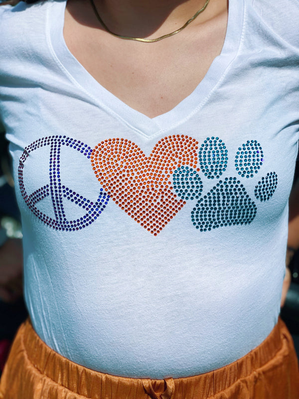 Peace Love Paw Rhinestone themed Women's Ideal V-Neck Tee