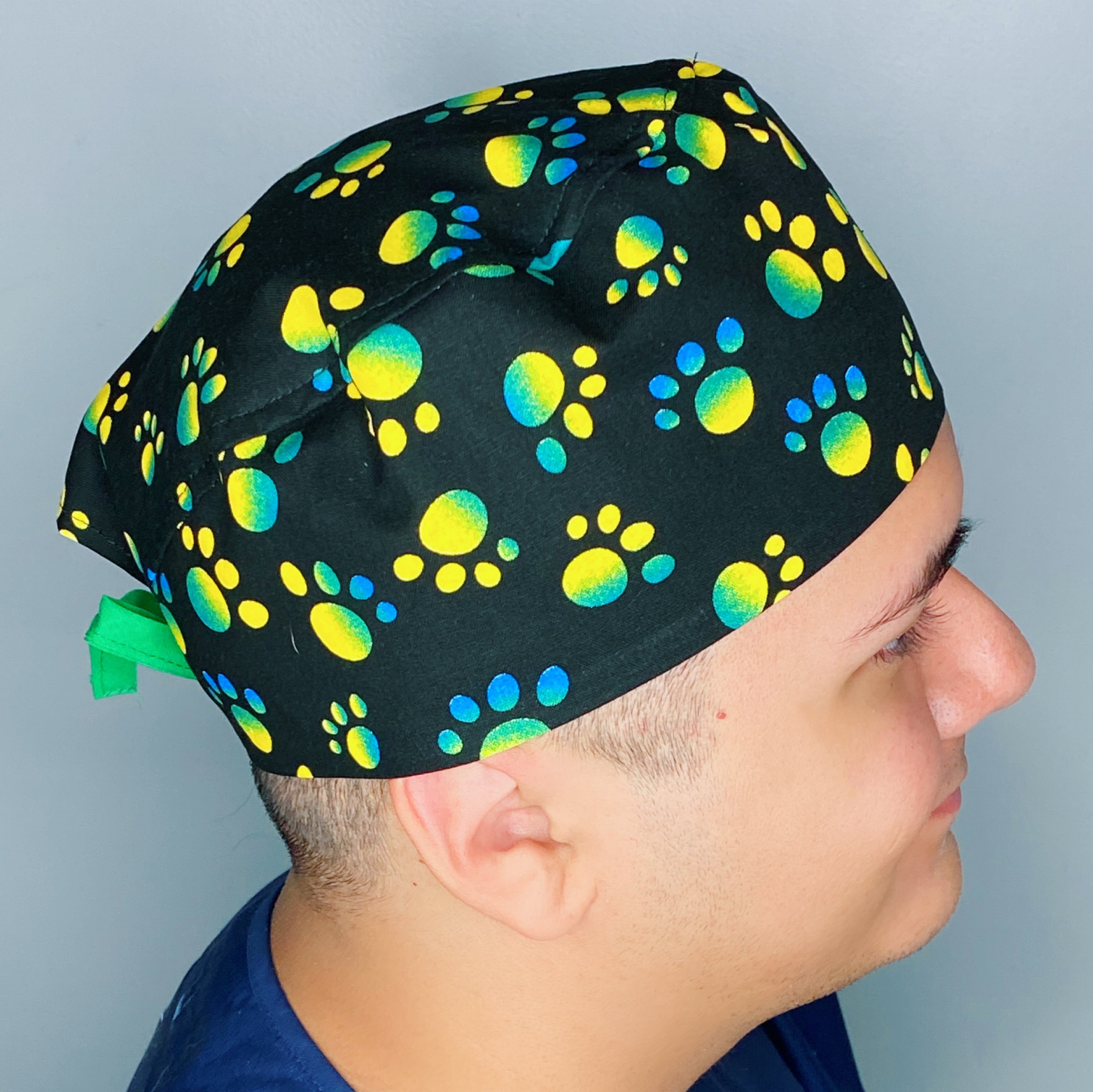 Ombre Green Yellow Paw Prints Unisex Animal Scrub Cap