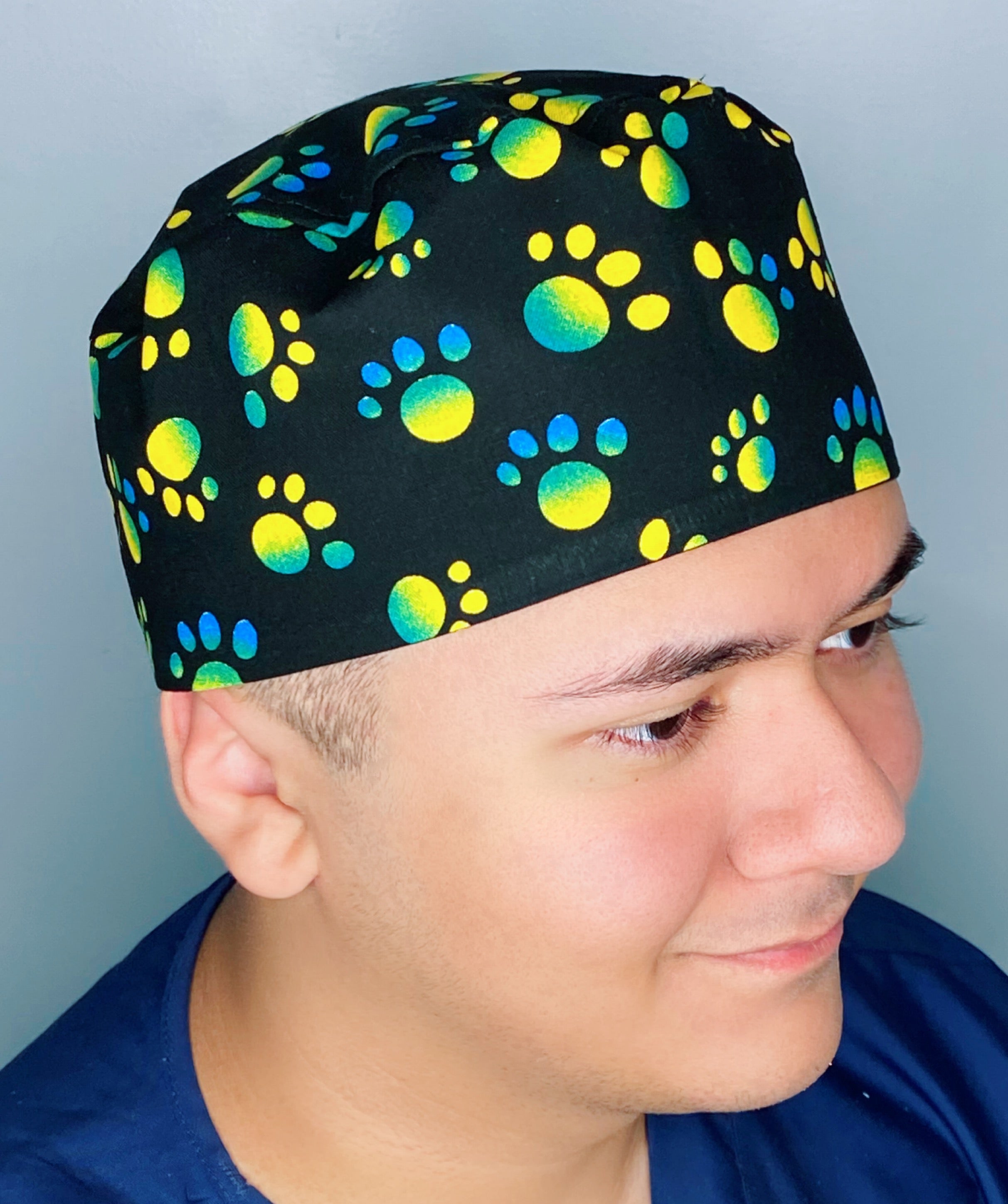 Ombre Green Yellow Paw Prints Unisex Animal Scrub Cap