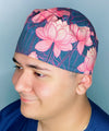 Pink Lotus Flowers on Navy Floral Design Unisex Cute Scrub Cap