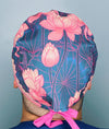 Pink Lotus Flowers on Navy Floral Design Unisex Cute Scrub Cap