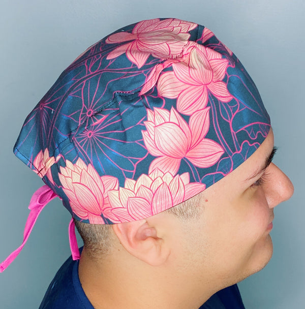 Pink Lotus Flowers on Navy Floral Design Unisex Cute Scrub Cap