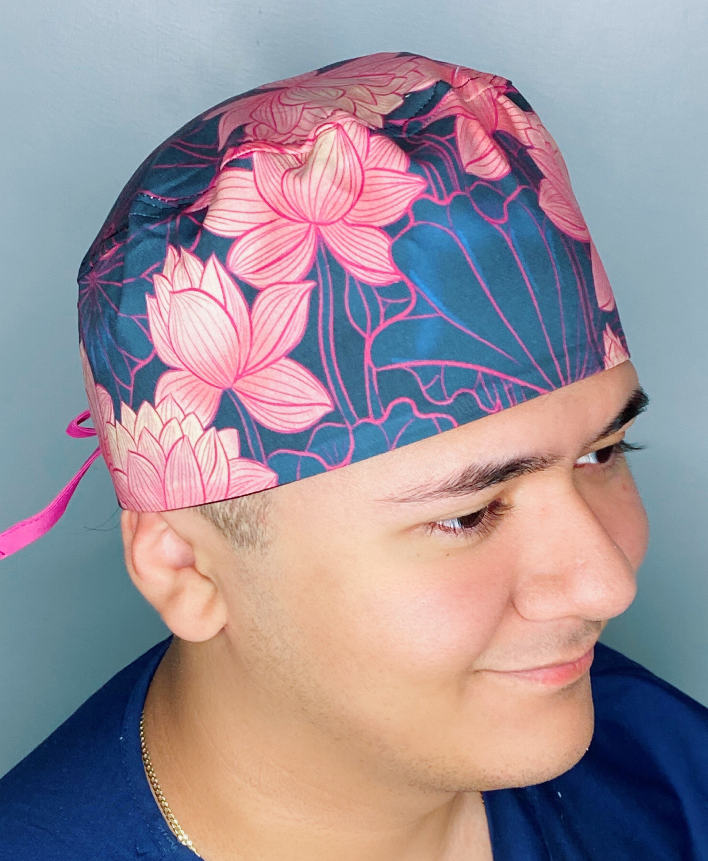 Pink Lotus Flowers on Navy Floral Design Unisex Cute Scrub Cap