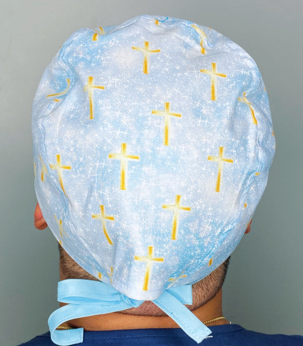 Gold Cross on Light blue Unisex Religious Scrub Cap