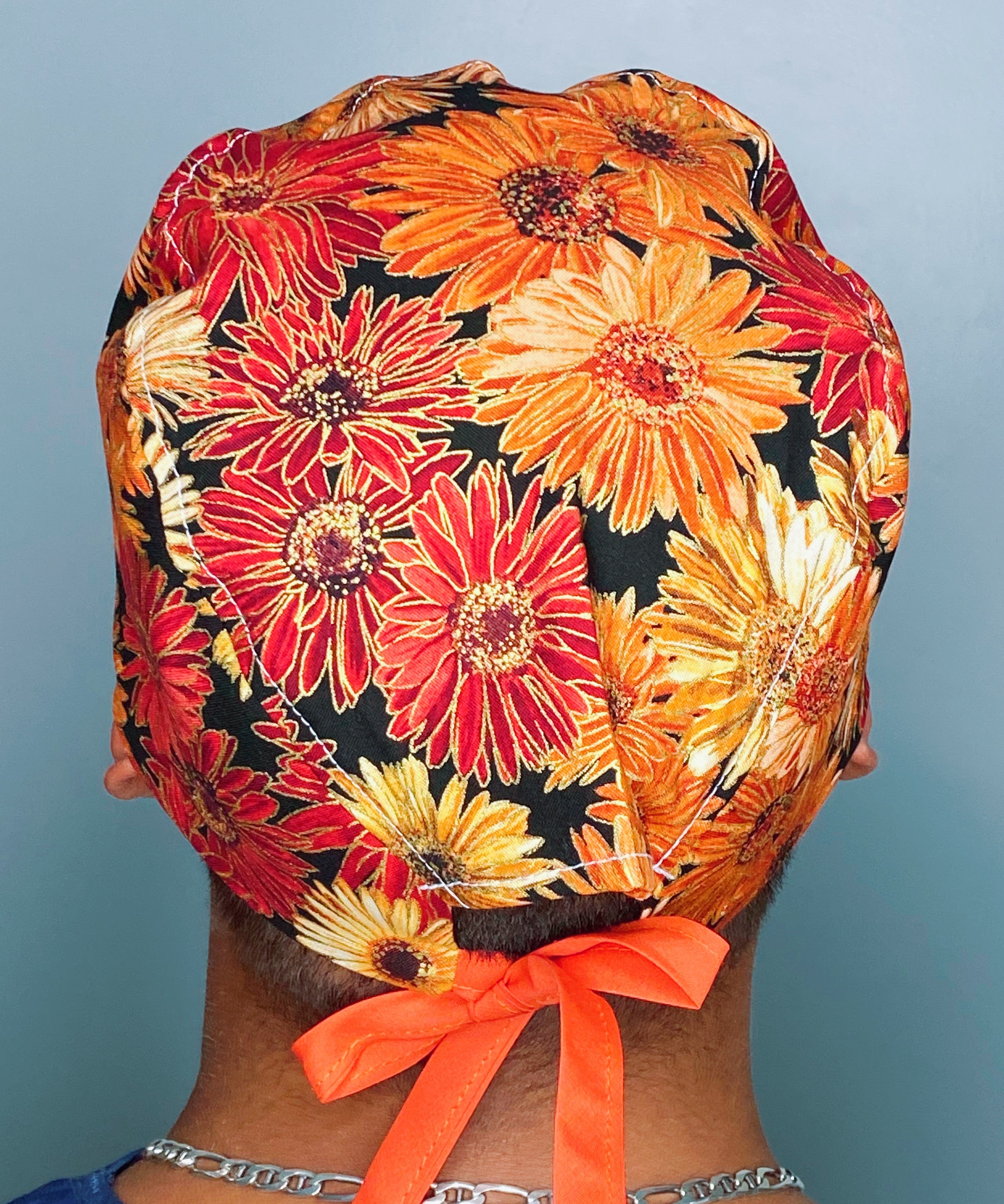 Orange Sun Flowers Metallic All Over Floral Design Unisex Cute Scrub Cap