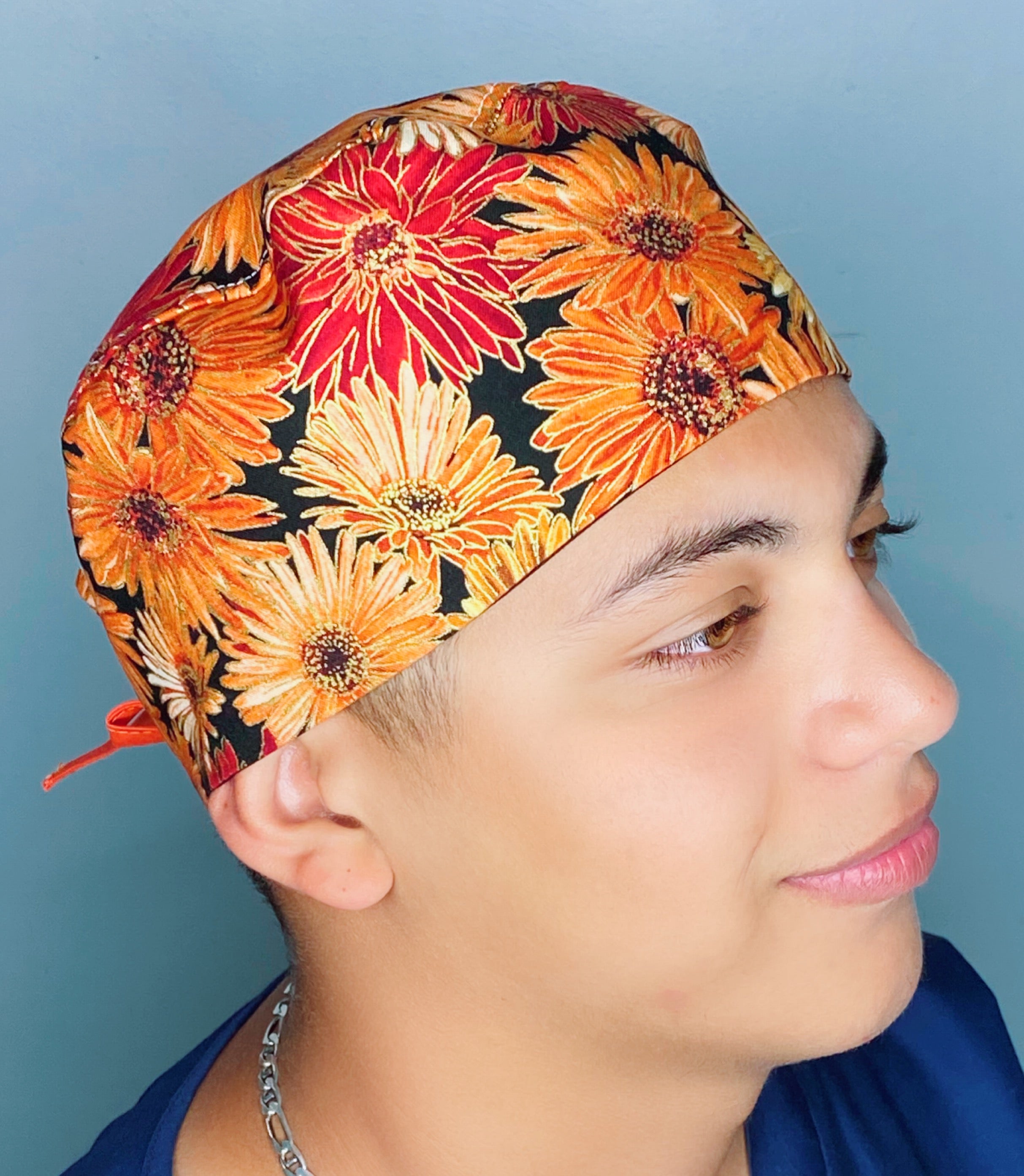 Orange Sun Flowers Metallic All Over Floral Design Unisex Cute Scrub Cap