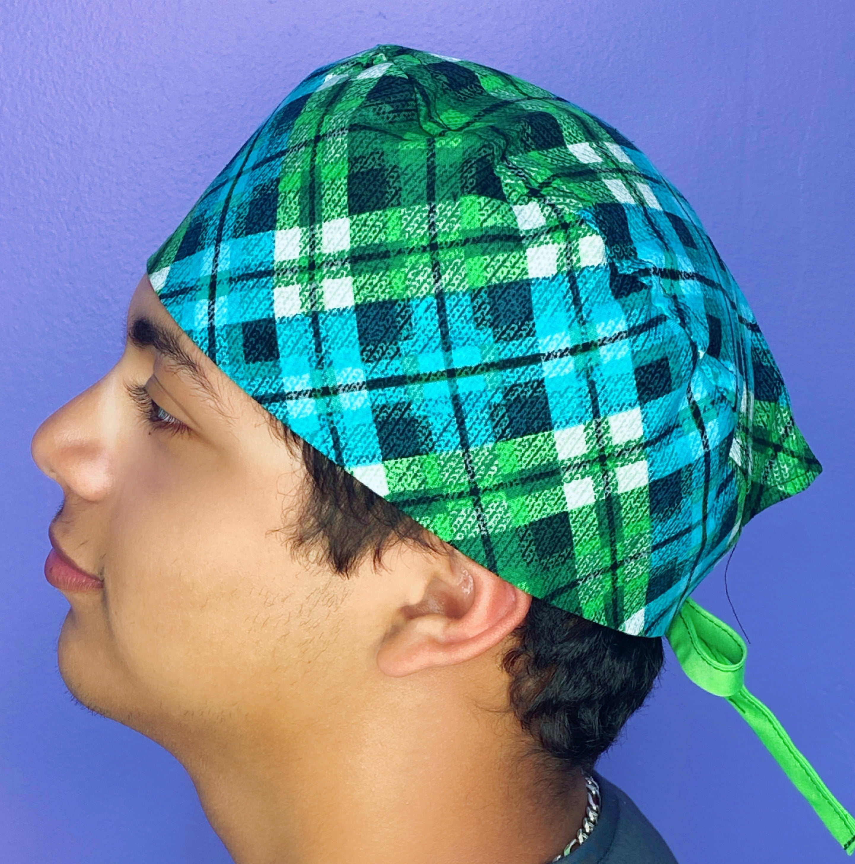 Green Blue Plaid Design Unisex Fancy Scrub Cap