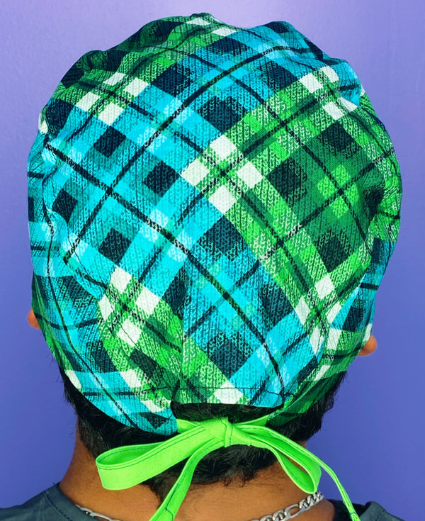 Green Blue Plaid Design Unisex Fancy Scrub Cap