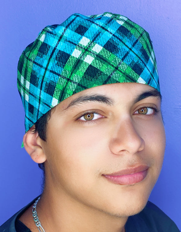 Green Blue Plaid Design Unisex Fancy Scrub Cap