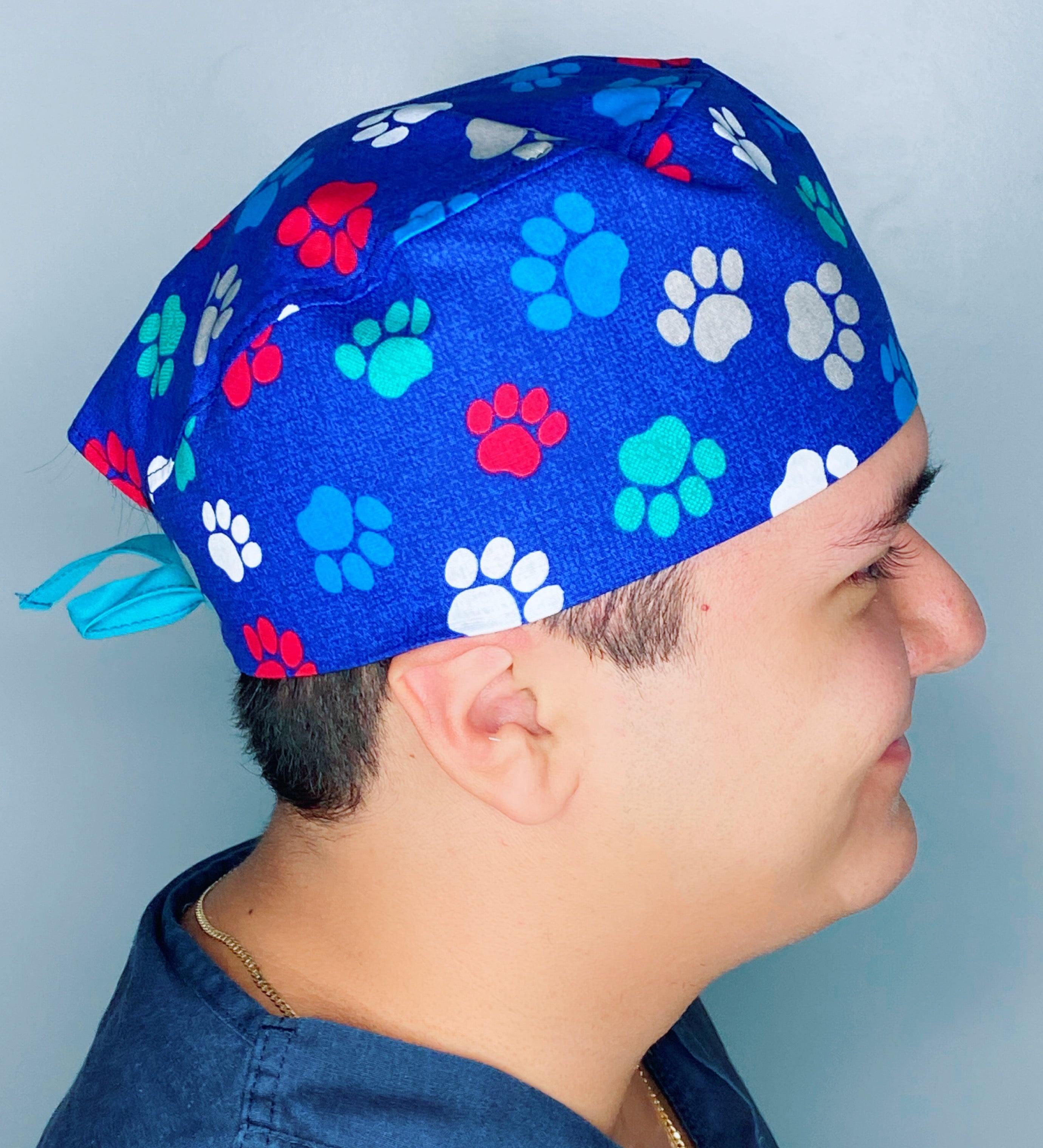 Colorful Paw Prints on Royal Blue Unisex Animal Scrub Cap